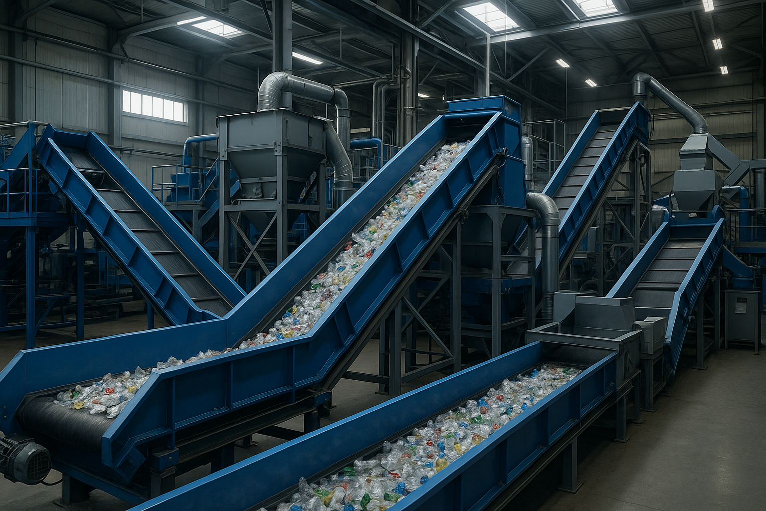 Plastik atıkların geri dönüşüm tesisinde mavi bantlı konveyörlerle ayrıştırılması